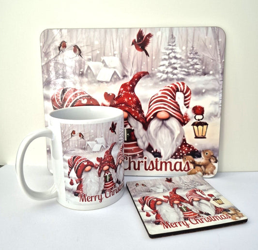 Christmas-themed mug, placemat, and coaster set with gnomes and 'Merry Christmas' text on a white surface.