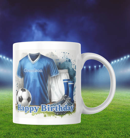 Mug with soccer-themed design featuring a blue jersey, white shorts, and soccer ball on a stadium background.