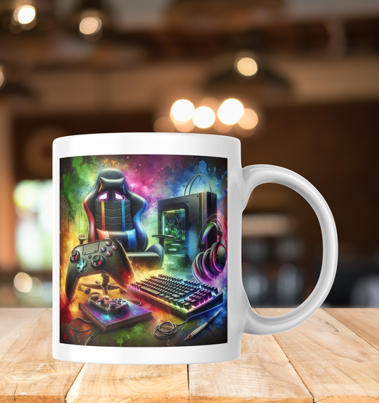 Mug with a colorful gaming-themed design featuring a chair, keyboard, and controller on a wooden surface.